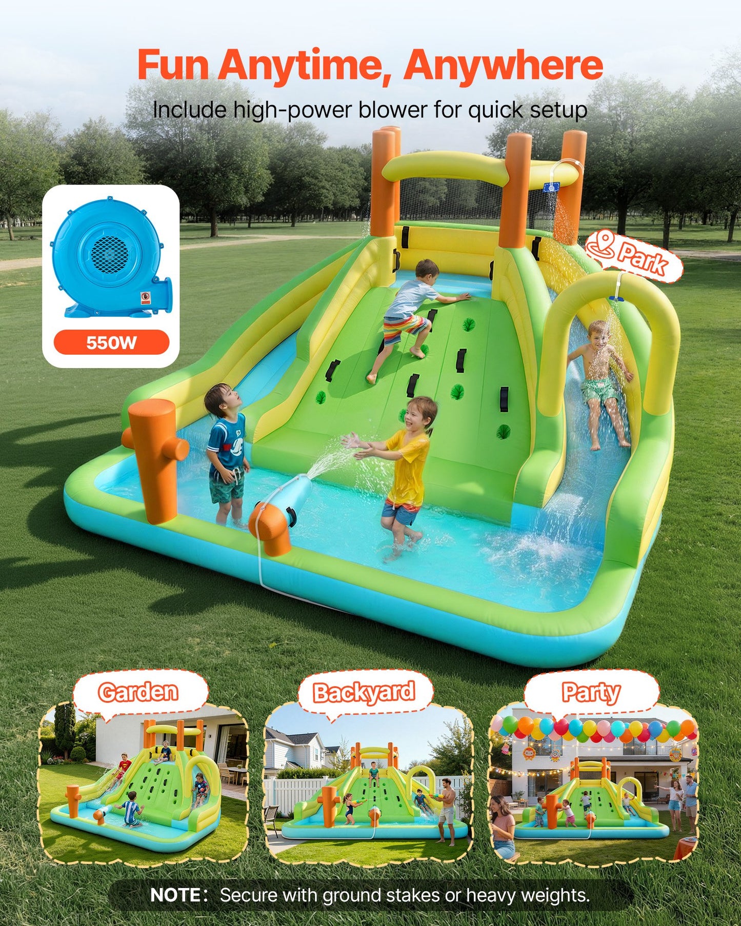 Inflatable Water Slide Bounce House with Climbing Wall and Double Slides - 13.3x11.4ft, Kids Outdoor Play