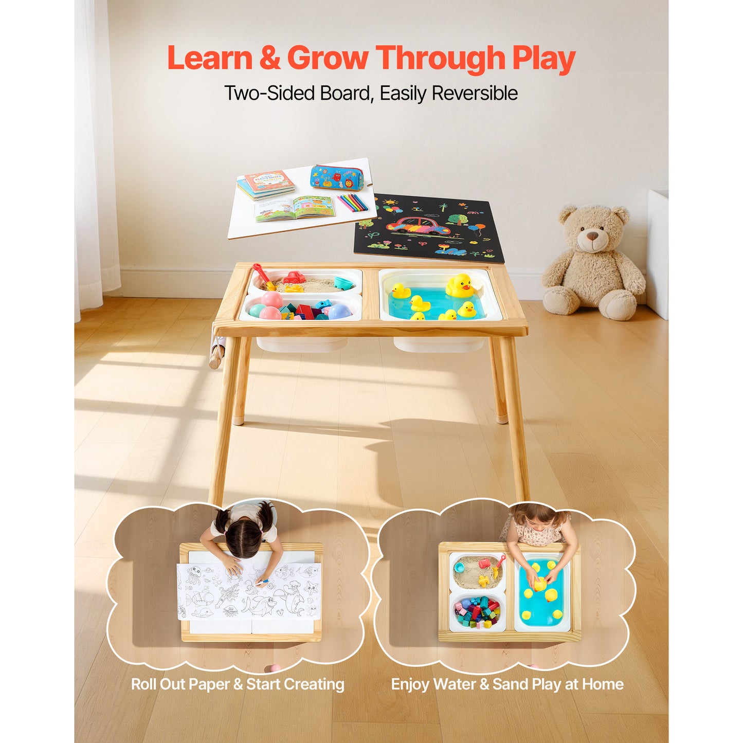 Wooden Toddler Sensory Table with 2 Stools, Double-Sided Board, Storage Bins & Non-Slip Feet
