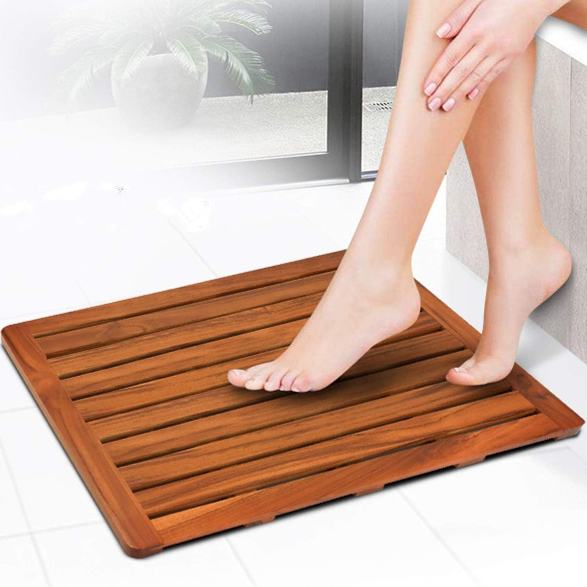 Solid Wood Waterproof Bathroom Shower Mat Non-Slip Bathtub Pedal - Brown, 61x45x3CM