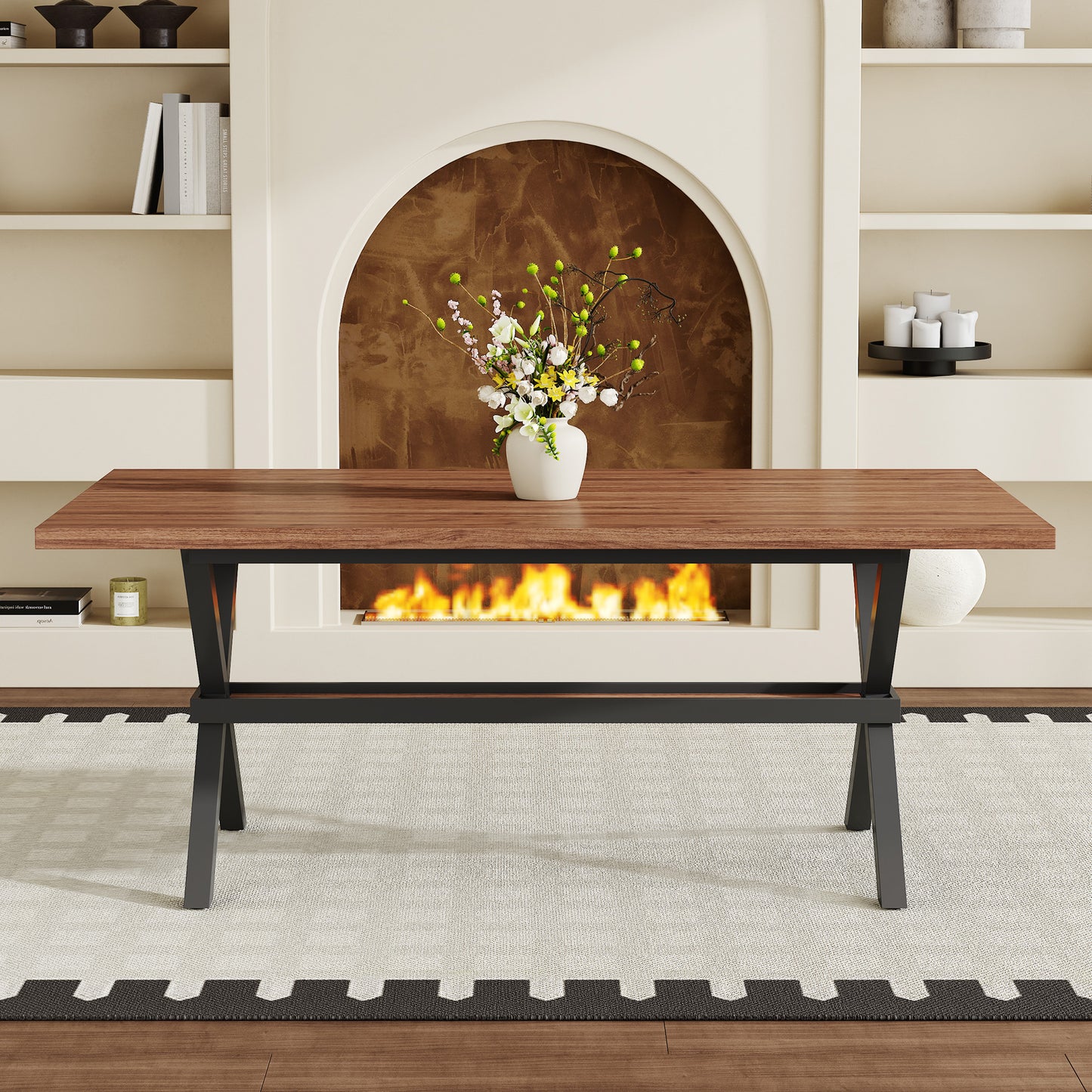 71 X35.4 Inch Walnut MDF Splicing Desktop With X-shaped Metal Frame