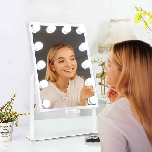 BWLLNI Vanity Mirror with Lights, Hollywood Lighted Makeup Mirror with Phone Holder, Smart Touch Control, 3 Color Lighting Modes, Detachable 10X Magnification, 360°Rotation(White)