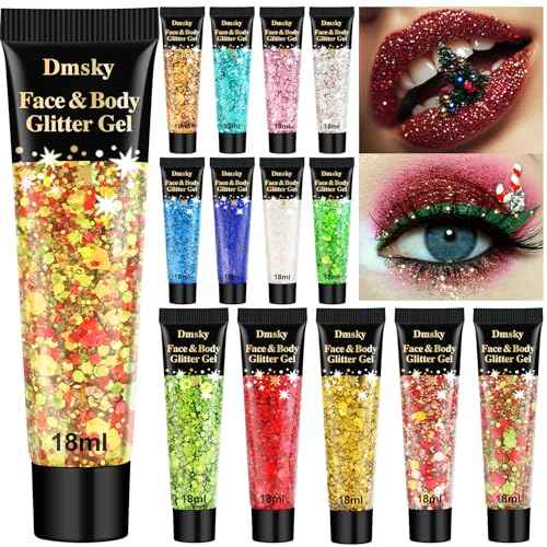 14 Colors Body Glitter,Face Glitter Makeup for Kids Women,Sparkly Chunky Hair Glitter for Eye Lip Nails,Mardi Gras Glitter Makeup Face Paint,Singer Concerts Disco Rave Festival Accessories-Christmas
