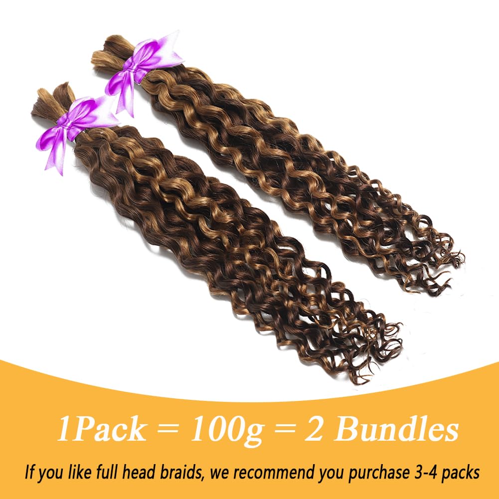 Human Braiding Hair for Boho Knotless Braids Bulk Curly Bundles Human Hair for Micro Braiding Wet and Wavy Water Wave No Weft Human Hair Extension for Box Boho Braids 100g with 2 Bundles 4/27#