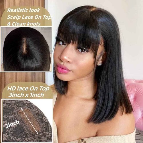 newnavat 12 Inch Glueless Wear and Go Wig Bob Wig With Bangs Human Hair HD Lace Glueless Wigs Natural Black Bob Wigs With Bangs Brazilian Virgin Human Hair 180 Density