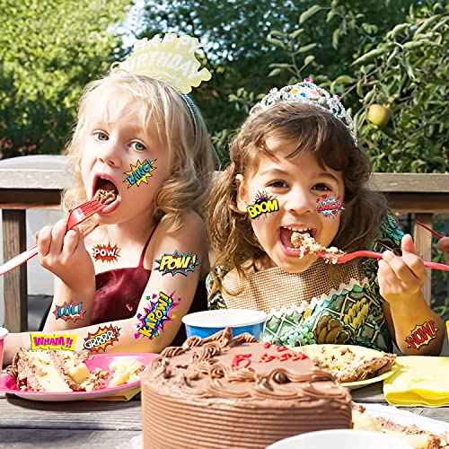 Anprola Super-hero Temporary Tattoos Stickers for Kids 20 Sheet Boom Letter Sign Cutout Party Favors Decoration Supplies for Girls Boys Gifts Classroom School Prizes Rewards Goodie Bag Fillers