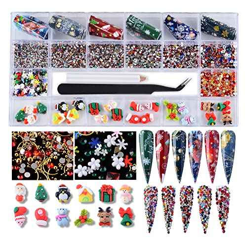 Christmas Nail Art Rhinestones Christmas Resin Nail Charms Nail Foil Sequins 3D Reindeer Socks Bell Christmas Tree Design for Nails Art Gems DIY Crafts Decoration with Wax Pen & Tweezer