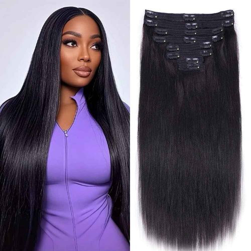 Straight Clip in Hair Extensions Real Human Hair 8Pcs Remy Human hair Clip ins for Women, Natural Soft Human Hair 120g 24inch #1B Natural Black