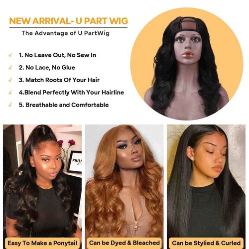 U Part Human Hair Wig Body Wave Drawstring Wig 180% Density U Part Wig Brazilian Virgin Human Hair wigs for Women Full Head Clip in Half Wigs Glueless No Leave Out Lace Front Wig Natural Color 18inch