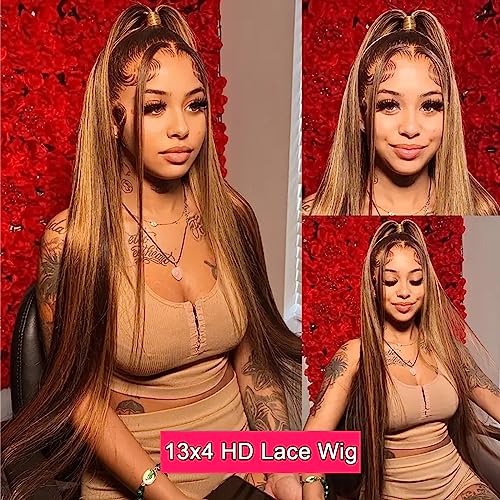 28 Inch Highlight Ombre Lace Front Wig Human Hair Pre Plucked 13x4 Colored 4/27 HD Lace Frontal Human Hair Wigs with Baby Hair 180% Density Honey Blonde Straight Lace Front Wigs Human Hair
