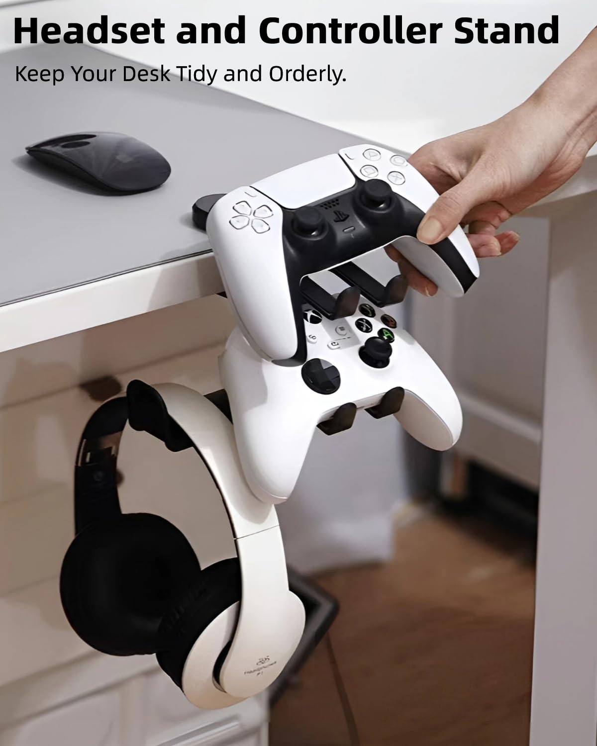 3 in 1 Headphone and Controller Holder, PC Gaming Headphone Hanger, Rotating Headset Stand Under Desk Adjustable Arm Clamp Holder Desk Accessories for Universal Headsets, Controllers (Black)