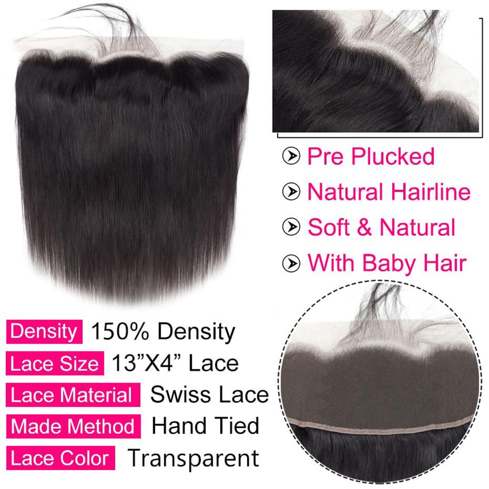 12A Straight Bundles with Frontal Human Hair 20 22 24 with 18 Inch Brazilian Human Hair Bundles with Closure 100% Unprocessed Virgin Hair Weave Bundles with 13x4 HD Lace Frontal