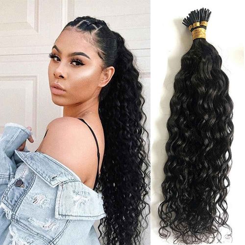 Water Wave I Tip Human Hair Extension Pre Bonded Microlink Wet & Wavy Micro Beads Keratin Stick I Tip Hair For Women 26inch 100Strands 100g, Natural Black 1b