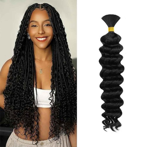 Deep Wave Human Braiding Hair for Boho Braids – 24 Inch 40g 1 Bundles/Pack Natural Black, 100% Unprocessed 12A Brazilian Virgin Hair Bulk, No Weft, Wet & Wavy Curly Knotless Extensions