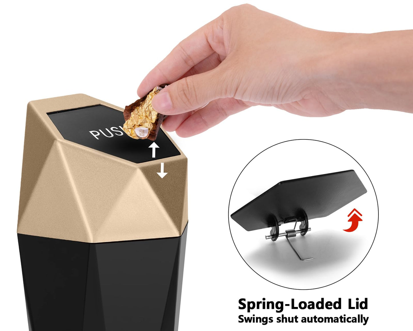 Ginsco Car Trash Can Cup Holder, Mini Car Trash Can with Lid, Car Accessories for Interior, Leakproof Small Trash Cup for Car, Home with Additional 2 ABS Hooks and 90pcs Trash Bags Golden