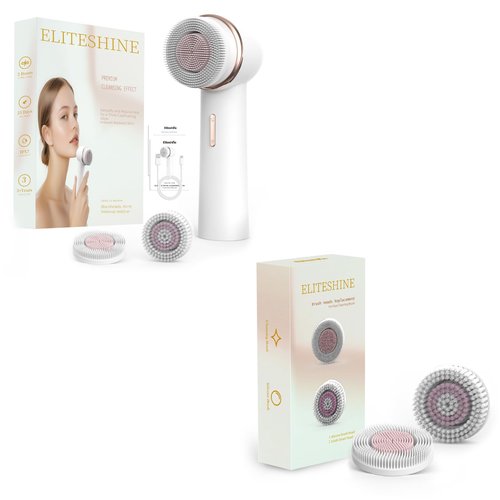Eliteshine 1 White Electric Facial Cleansing Brush Plus with 2 Original Replacement Heads Bundle