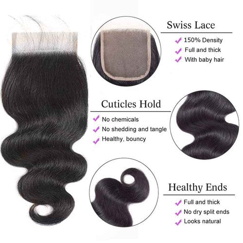 Bundles with Closure Human Hair Body Wave 20 22 24+18 Inch 100% Unprocessed Brazilian Virgin Human Hair 3 Bundles with Closure Human Hair Extensions with 4x4 Free Part Lace Closure Natural Black