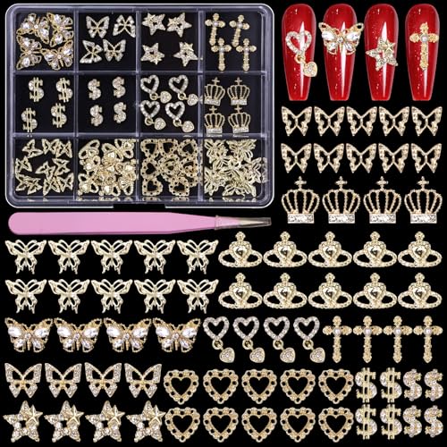 72 Pcs Cross Star Gold Nail Charms, Butterfly Stars Dangle Heart Dollars Crown Golden Nail Gems Charms 3D Star Heart Nail Gems Gold Charms for Nail Art DIY Supplies