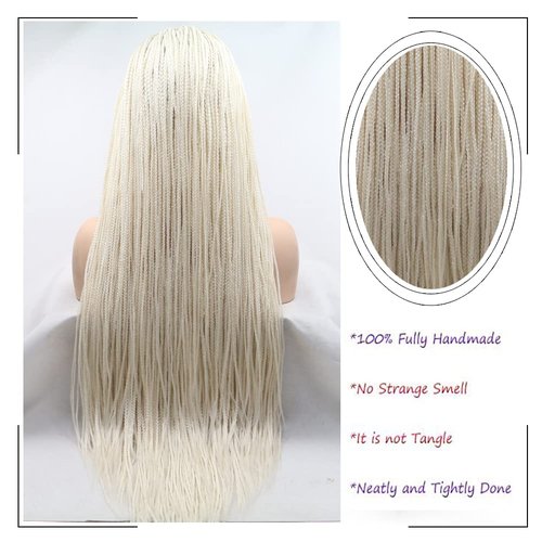 Angle Lucky Platinum Blonde Braided Lace Front Wig Long Synthetic White Micro Braid Lace Wig Heat Resistant Fiber Afro Braids for Women Party Drag Queen