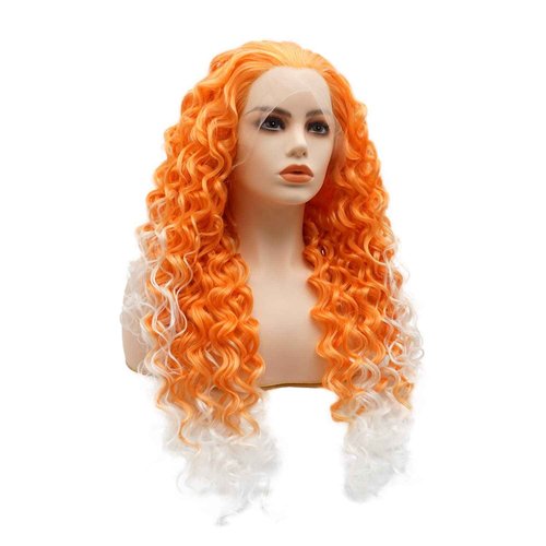 LUSHY BEAUTY Hair Synthetic Lace Front Wig Curly Long 26inch Orange Root White Ombre Heavy Density Realistic Wig