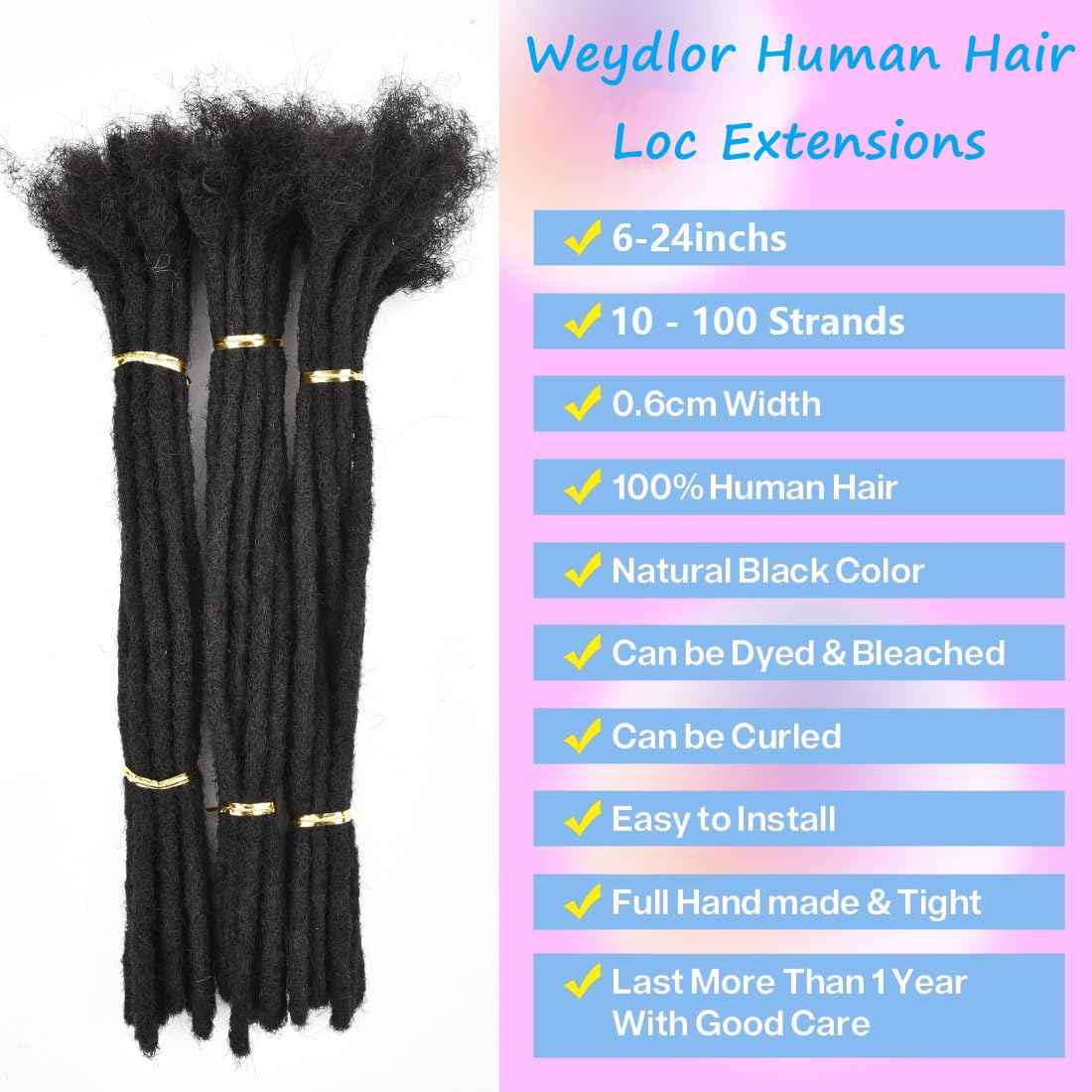Loc Extensions Human Hair for Women Men Kids 0.6cm Width 24 Inch 20 Strands Natural Black 100% Handmade Permanent Locs Dreadlock Extensions Real Human Hair Can Be Curled and Bleached