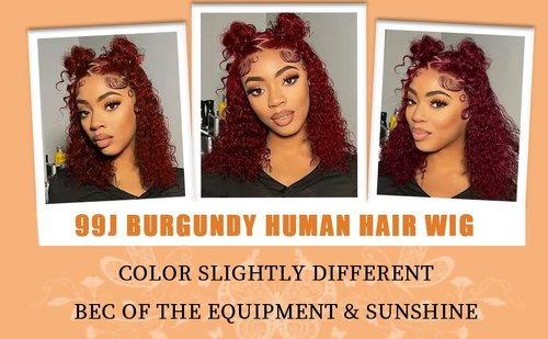 DJFG Deep Wave Lace Front Wigs Human Hair Curly Wig Human Hair HD Frontal 200 Density 13x6 Lace 99j Burgundy Red 14 Inch