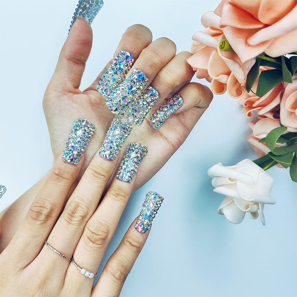 Reusable Acrylic Duck Nails - Handmade 3D Crystal Press-On Fake Nails