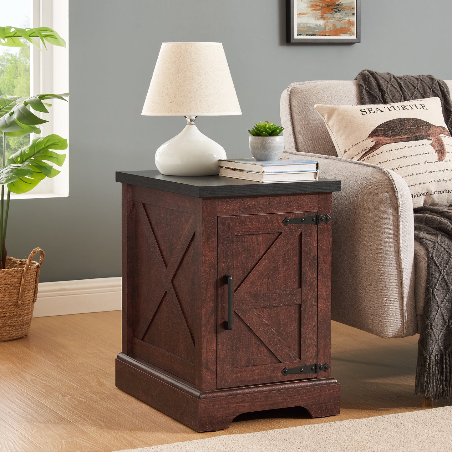 Rustic Farmhouse End Table with Barn Door and Adjustable Shelf - Oak