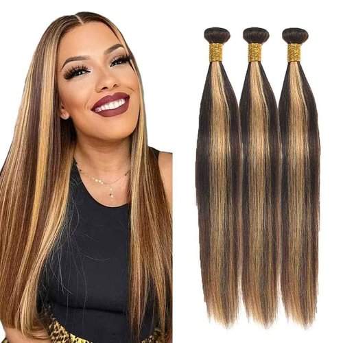 Habiliana Bundles Human Hair 22 24 26 Inch Straight Wave P4/27 Human Hair Bundles 11A Unprocessed Brazilian Virgin Quick Weave Hair Extensions for Black Women