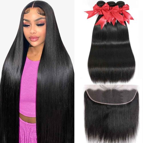 LXYANOO 12A Straight Bundles with Frontal Human Hair 20 22 24+18 Inch Brazilian Human Hair Bundles with Frontal 100% Unprocessed Virgin Weave Hair with 13x4 HD Lace Closure