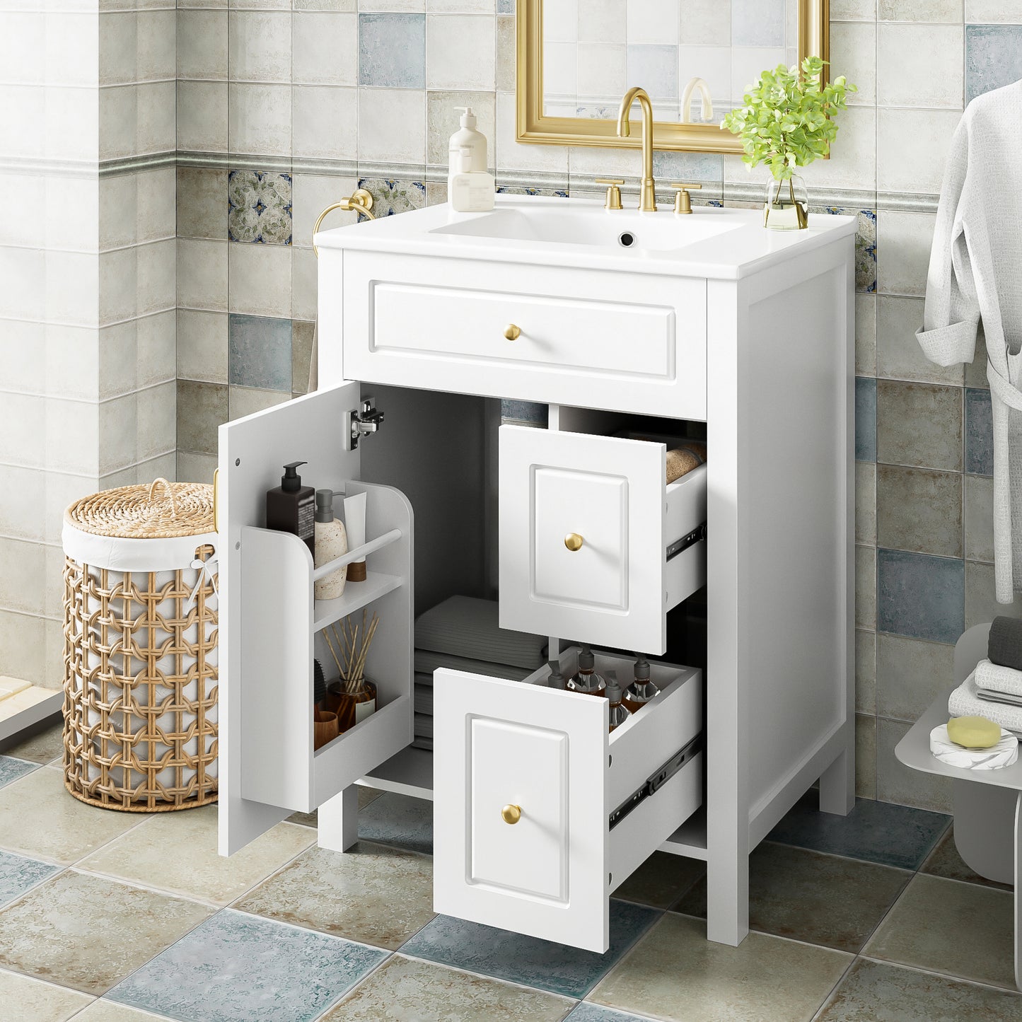 24-Inch Bathroom Vanity with Ceramic Sink and Storage Racks - White