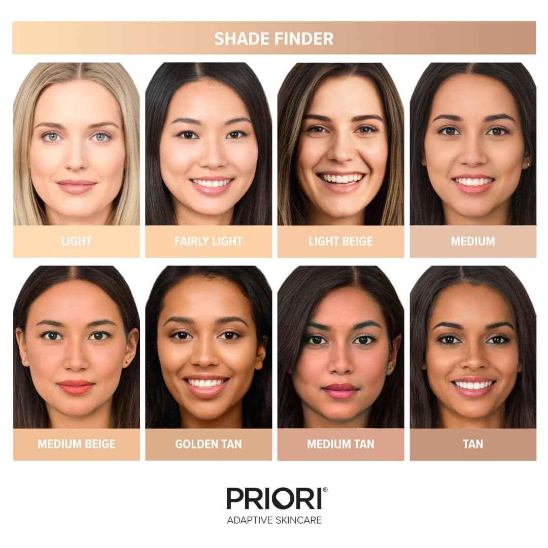 PRIORI Skincare Mineral Foundation, Natural Loose Make Up Powder, Sunscreen Protection, Advanced Skin Correction, Recommended for Sensitive Complexion (Medium 10, 7 Grams)