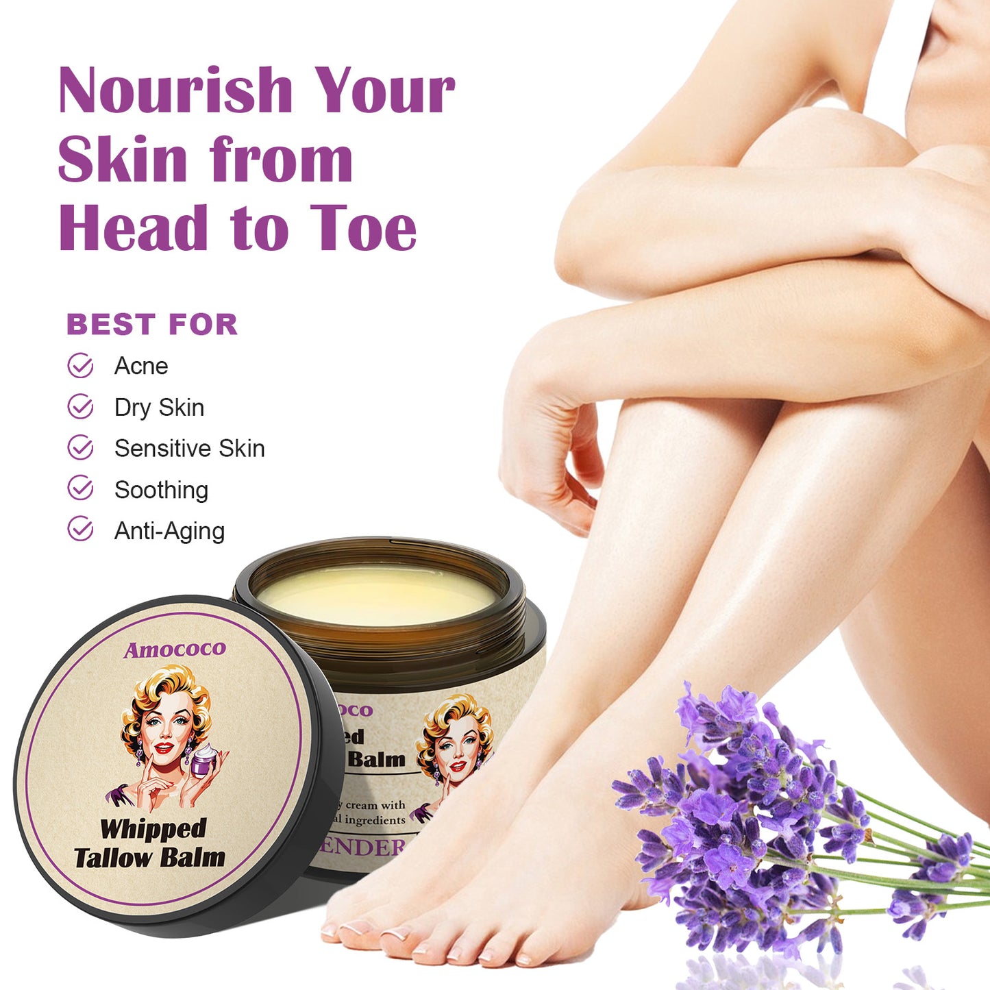 Whipped Tallow Balm with Lavender - Deep Hydration Skin Moisturizer 120g