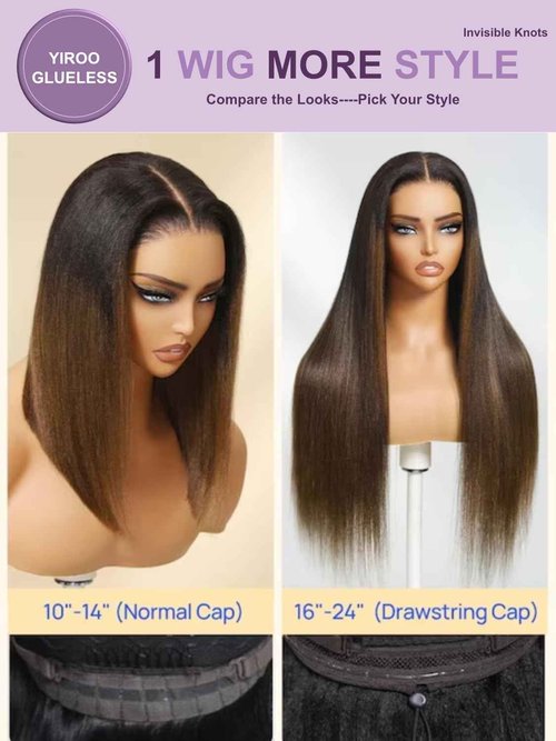 YIROO Yaki Straight Bob Wig Ombre Brown Human Hair Bye Bye Knots Glueless Wig Chestnut Brown Pre Cut 7x5 HD Lace Front Lace Put On and Go Pre Bleached Pre Plucked with Dark Roots Yaki Bob Wig 10Inch