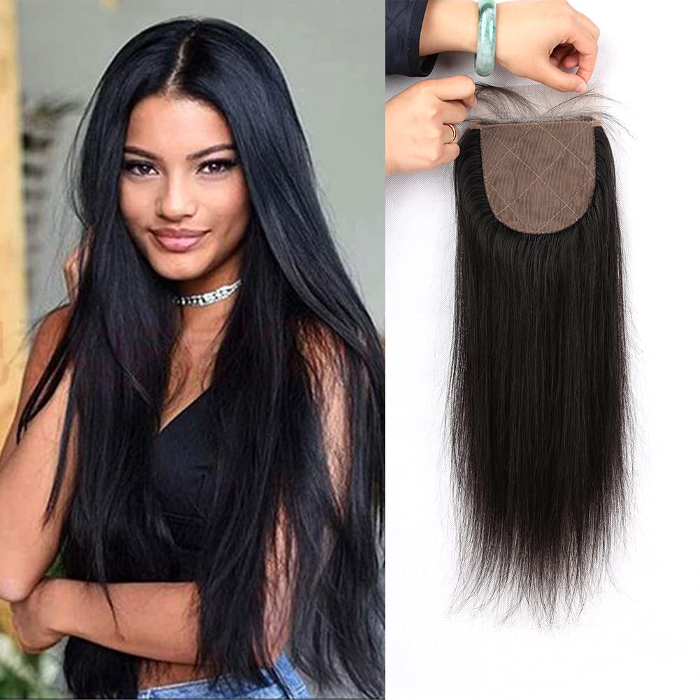 Greatremy 4"x4" Silk Base Lace Closure Straight Virgin Hair With Baby Hair Free Part Natural Color 12inch