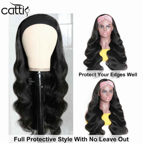 catti Body Wave Headband Wig Human Hair for Black Women Glueless None Lace Front Wigs Human Hair 9A Brizilian Virgin Hair Machine Made Headband Half Wigs Human Hair 150% Density (22" Headband wigs)