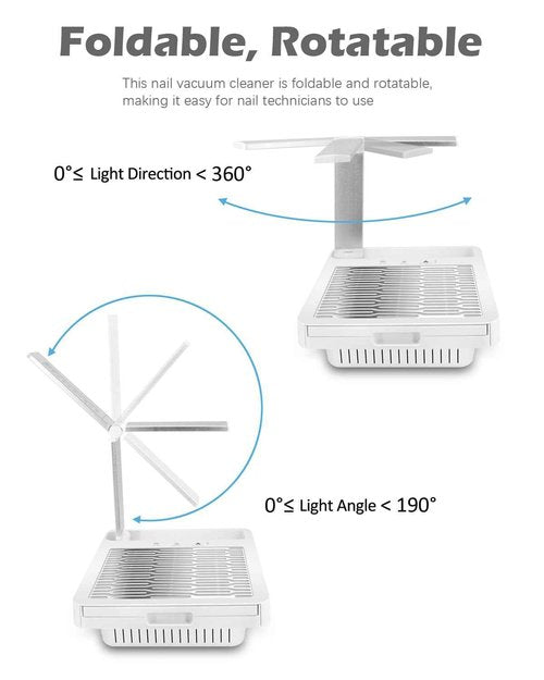 Nail Dust Collector with Lamp, Professional Nail Vacuum Dust Collector Suction Extractor Fan Manicure Machine for Acrylic Nail Gels Dip Removal, White