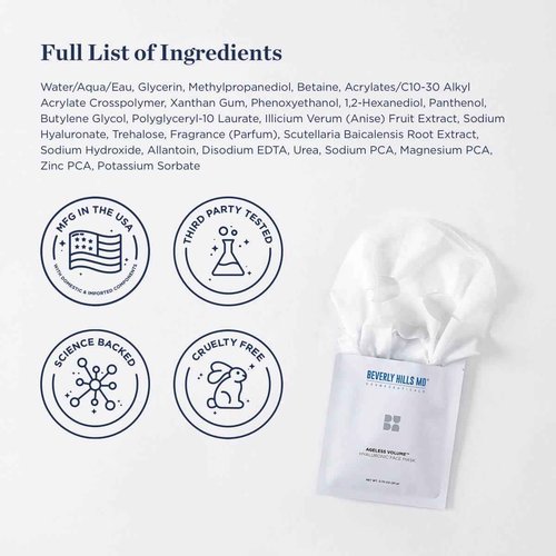 Beverly Hills MD Ageless Volume Hyaluronic Face Mask- Reduce Appearance of Wrinkles, Anti Aging Formula for Plump, Moisturized Skin- 8 Pack- Hydrating & Firming Gentle Sheet Mask