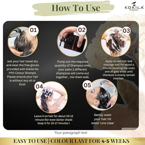 Kokila NO PPD Shampoo Hair Colour - Dark Brown 400ml for Women and Men | Natural Extracts | Colours Hair in 10 Minutes | Ammonia Free, Paraben Free - 10 Pair Free Gloves