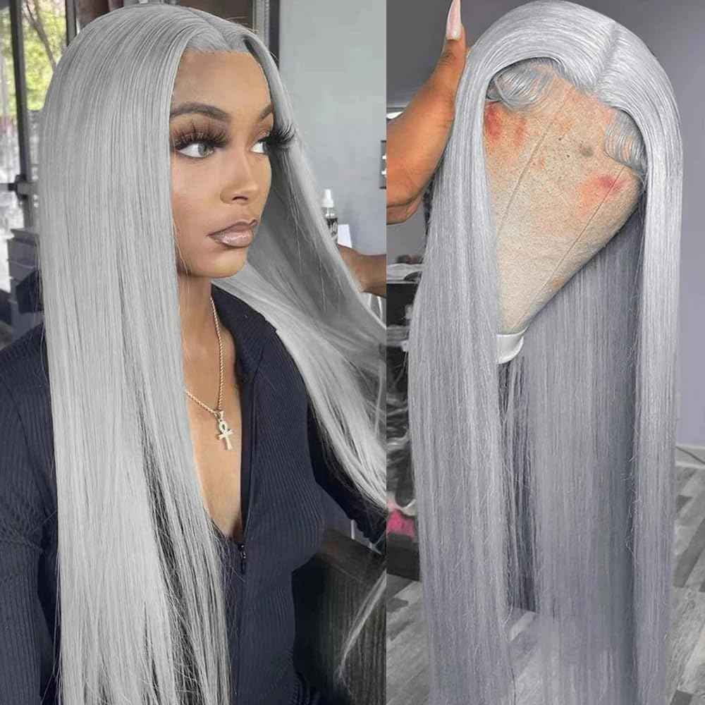 Grey Straight Wigs Human Hair 13x6 Human Hair Lace Front Wig HD Lace Front 180% Density Silver Gray Wigs for Women