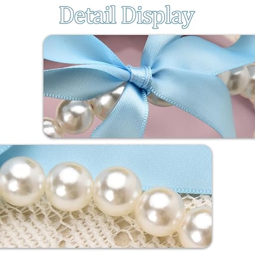Blue Bow Pearl Headbands for Women Pearls Hair Hoop Bands for Thick Thin Hair Bow Headband Hairband for Teen Girl Elegant Hair Accessories Decoration for Women Non Slip Pearl Head Band with Bow Ribbon