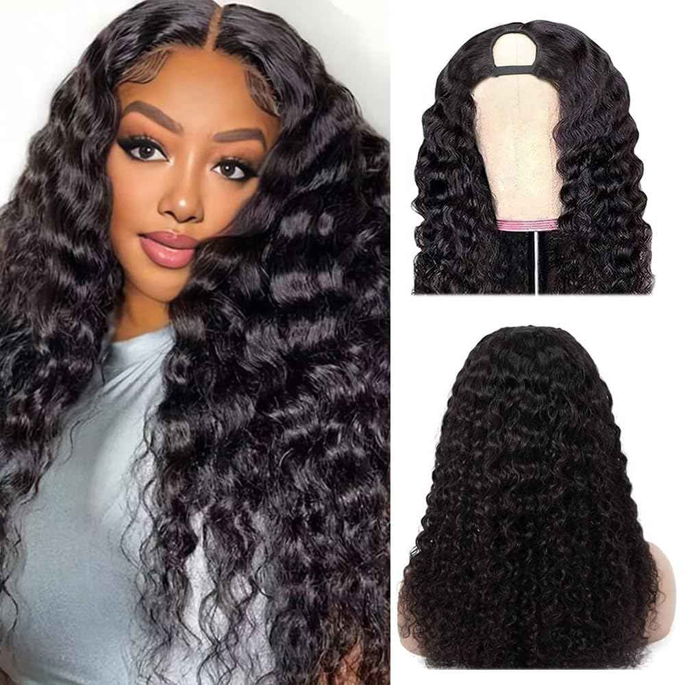kloiynj U Part Wigs Human Hair for Black Women Deep Wave Human Hair Brazilian Hair Full Head Clip in Half Wig V Part Glueless Wigs Human Hair Pre Plucked U Shape Wigs (Natural Black, 22 inch)