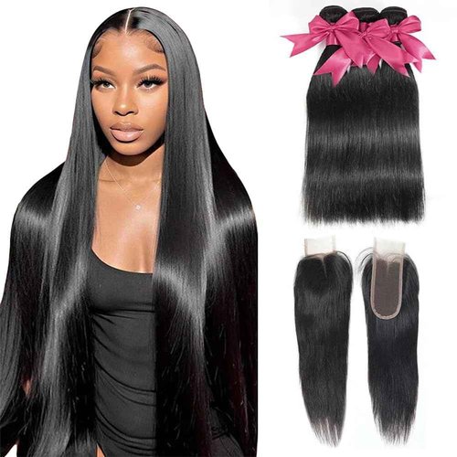 12A Straight Bundles with 2x6 Closure Human Hair 18 20 22 with 16 Inch 100% Unprocessed Brazilian Virgin Human Hair Weave Bundles with 2x6 HD Lace Closure
