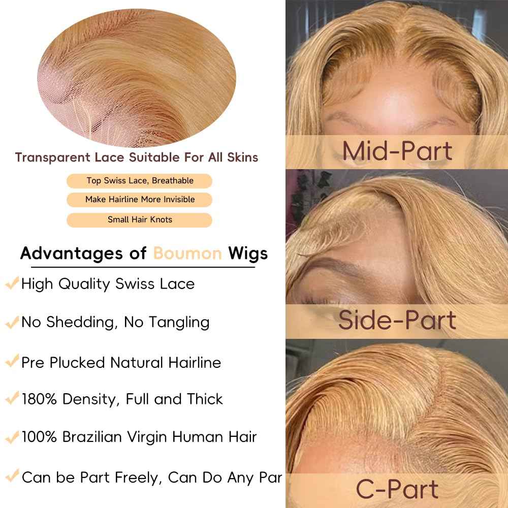 Honey Blonde HD Lace Front Wig Human Hair Pre Plucked Body Wave Honey Blonde Wig Human Hair 200% Density Lace Frontal Wigs Colored 27# 30 Inch