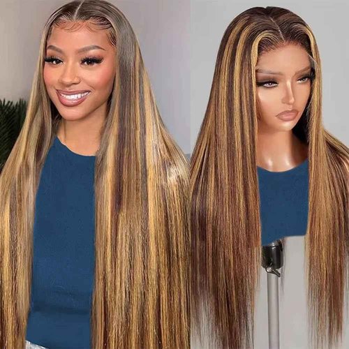 SIFULAN 13x4 Honey Blonde Lace Front Wig Human Hair 180 Density 18 Inch Highlight Ombre Straight HD Transparent Lace Pre Plucked Human Hair Wigs for Women P4/27 Color