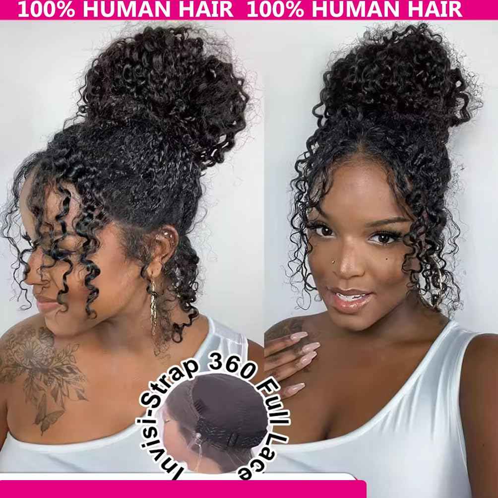 360 Lace Front Wigs Human Hair Hidden Strap Deep Wave Lace Frontal Wig Pre Plucked Drawstring Wig Human Hair 200 Density HD Full Lace Front 360 Glueless Wigs for Women (deep wig, 20inch)