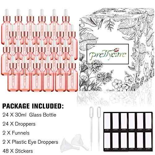 PrettyCare Glass Eye Dropper Bottles 24 Pack, 1oz (30ml) Rose Empty Thick Bottles Bulk with Leakproof Caps - With Labels & Funnels for Storage, Travel, Essential Oils, Cuticle Oils, Tinctures