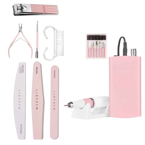 Makartt 30,000 RPM Rechargeable Nail Drill Kit – Portable Electric File with Buffer, Pink Manicure Set with Cuticle Trimmer for Professional Nail Prep
