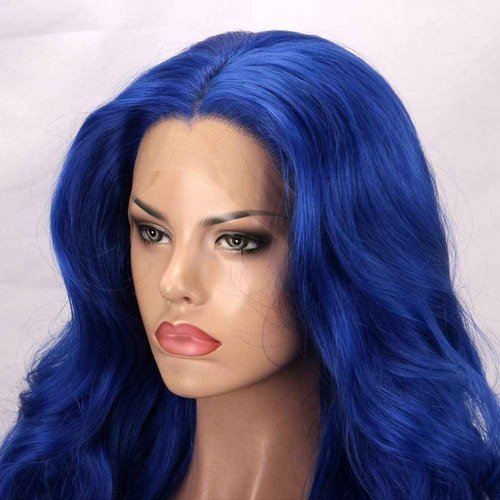 FSLWIGS Blue Lace Front Wig Long Body Wavy Wig Synthetic Hair Look Natural Wigs for Women