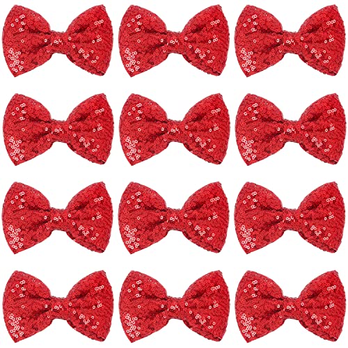 12 Pieces Red Sequin Bows for Girls 4.7" Large Cheer Hair Bow with Alligator Clips Hair Accessories for Kids Toddler Cheerleaders Teen Girls College Sports