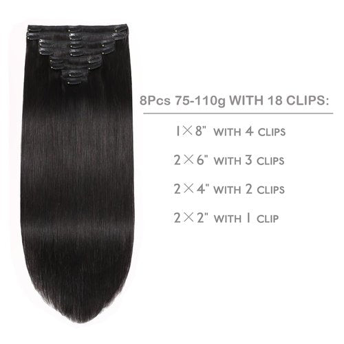 Ailiceehr Clips in Hair Extensions Seamless Human Hair Clips in Hair Extensions Natural Black 105g 22inch 8pcs Double Weft Thick Straight.